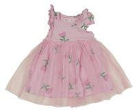 Ružové kvetované bavlněno/tylové šaty Sinsay