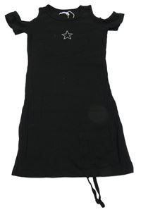 Čierne rebrované elastické šaty s hvězdou z kamínků a prestrihmi Sinsay