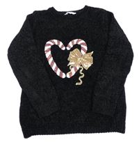 Černý žinylkový svetr s vánočním obrázkem z flitrů Primark