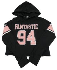 Čierna crop mikina s ružovým pruhom a číslom a kapucňou H&M