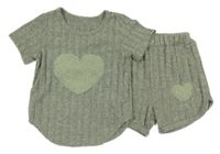 2 set - khaki žebrované úpletové tričko se srdcem + kraťasy 