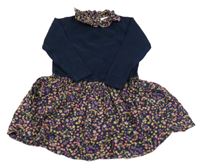 Tmavomodré svetrové šaty s květovanou sukní a límečkem Next