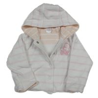 Bílo-světlerůžová pruhovaná sametová propínací mikina s medvídkem a kapucí C&A