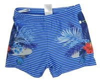 Modro-biele pruhované nohavičkové plavky s listami a skateboardmi 