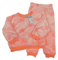 Nové - 2set - Neonově korálová plyšová mikina s hvězdami + tepláky Primark