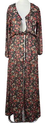 Dámské černo-růžové květované šifonové dlouhé košilové šaty H&M
