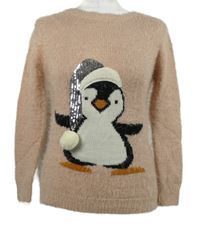 Dámský světlerůžový chlupatý svetr s tučňákem Primark 