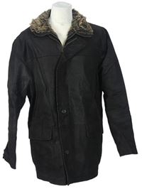 Pánsky tmavohnedý koženkový jesenný kabát s kožúškom