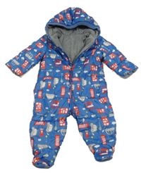 Modrá šušťáková zimná kombinéza s autami a kapucňou Mothercare