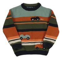 Modro-oranžovo-khaki pruhovaný svetr s auty Next
