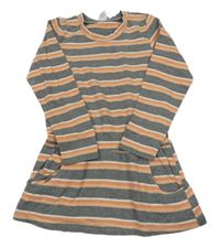 Sivo-oranžovo-biele pruhované bavlnené šaty