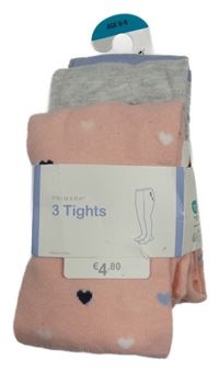 Nové - 3x punčocháče - Růžové se srdíčky + šedé melírované + modré Primark