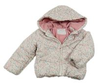 Smetanová prošívaná šusťáková zimní bunda s kytičkami a kapucí Mothercare