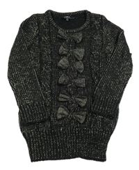 Čierno-zlatý melírovaný dlhý sveter s mašľami