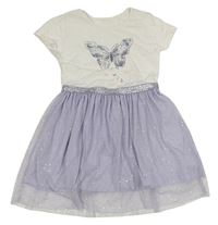 Bílo-lila šaty s motýlem a tylovou sukní 
