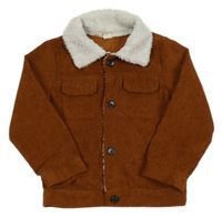 Hnedá rebrovaná zamatová košeľová bunda s chlpatým golierom Shein