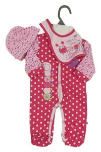 3set - Fuchsiový puntíkatý overal s housenkou + bryndák + čepicí 