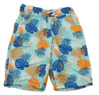 Světlemodro-bílo-oranžové plátěné kraťasy s listy 