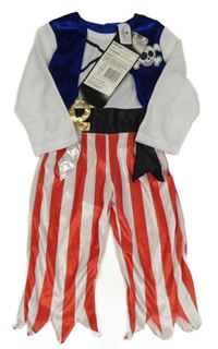 Nové - Kockovaným - Bielo-tmavomodro-červený overal s lebkou - pirát