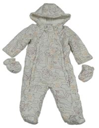 Smetanová šusťáková zimní kombinéza se zvířátky a kapucí + rukavice Lily & Jack