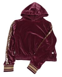 Tmavoružová zamatová crop mikina s flitrami a kapucňou Blukids
