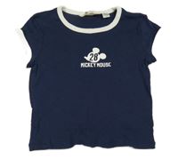 Tmavomodré rebrované crop tričko s Mickeym a nápisom H&M