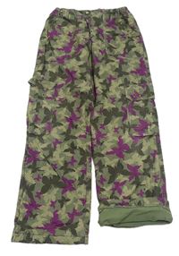 Kaki-béžovo-purpurové cargo plátenné podšité nohavice s motýlikmi a cvokmi  zn. C&A