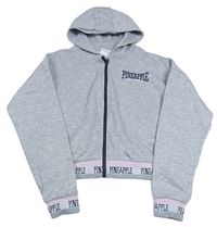 Šedá melírovaná propínací oversize crop mikina s logy a kapucí Pineapple