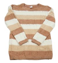 Starorůžovo-bílo-pudrový pruhovaný žebrovaný vzorovaný žinylkový dlouhý svetr little kids