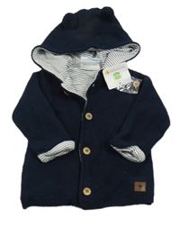 Nové - tmavomodrý propínací podšitý svetr s medvídkem a kapucí s oušky Topomini