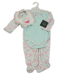 Nové - 3Set - Bílý kytičkovaný overal s volánky + bryndák s dortíkem + mátové puntíkaté body LAURA ASHLEY