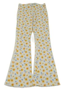 Smotanové rebrované flare nohavice s kvietkami C&A