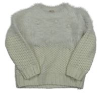 Smotanový trblietavý ažurovo/chlupatý sveter s bambulkami MANOR