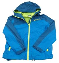 Modro-petrolejová šušťáková jarná bunda s nápisom a kapucňou YIGGA