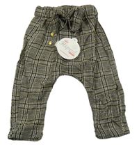 Nové - hnědo-černo-bílé kostkované vzorované paper bag turecké kalhoty s mašlí a cvočky Hippil