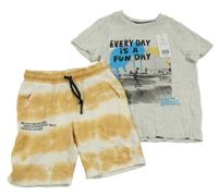 Nové - 2Set - Hnědo-bílé batikované teplákové kraťasy s nápisy + světlešedé melírované tričko se skateboardisty F&F