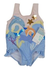 Nové - světlemodro/růžové jednodílné plavky s delfínky a flitry a volánky PRIMARK