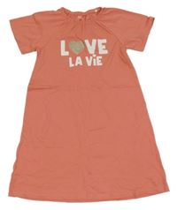 Lososové šaty s nápismi a srdiečkom Vertbaudet