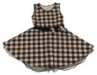 Čierno-pudrové károvano/kostkované šaty s mašlou a tylovým volánikom