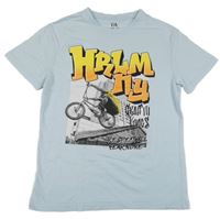 Svetlomodré tričko s bicyklom a graffiti nápisy C&A