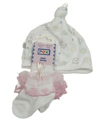Nové - 2Set - Bílá čepice se zvířátky Mothercare + ponožky s růžovými tylovými volánky Pex