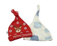 2x bavlněná čepice - smotanová so slony + červená so sobom a vločkami