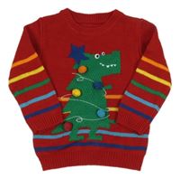 Červený sveter s dinosaurom a pruhmi Nutmeg