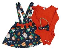 3set - Tmavomodrá sukňa s vánočním motívom a kšandami + červené rebrované body s volánky + čelenka Shein