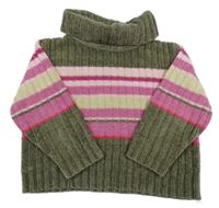 Kaki-ružovo-béžový rebrovaný svetrový rolák s pruhmi C&A