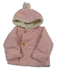 Růžová žebrovaná zateplená bunda s kapucí s oušky