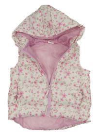 Bílá květovaná šusťáková zateplená vesta s kapucí