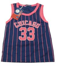 Nové - Tmavomodro-neonově růžové pruhované basketbalové tílko s číslem