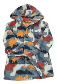 Modrošedý chlupatý župan s dinosaury a kapucí Studio