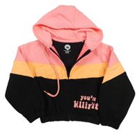 Neónově ružovo-oranžovo-čierna prepínaci crop mikina s nápisom a kapucňou